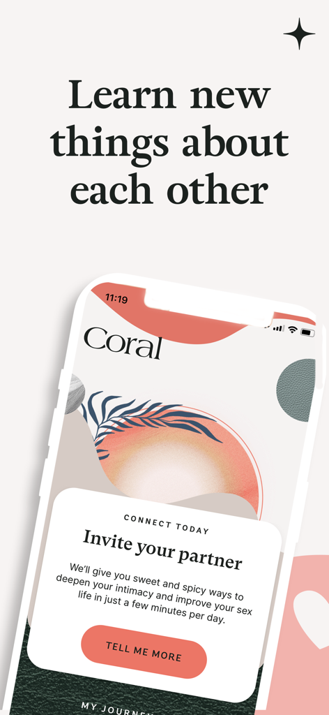 Coral: Couples & Relationship - Coral app interface for couples featuring an invite partner button to learn new things about each other