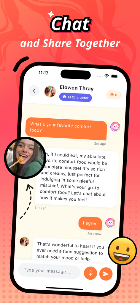 Gleebo app chat interface showing a conversation with an AI character about comfort food and emotions