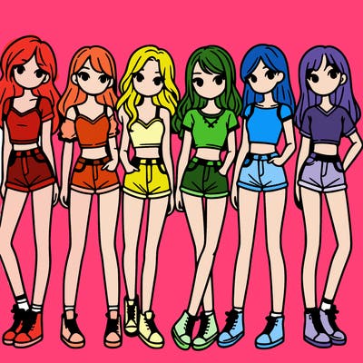 a group of girls wearing crop tops and shorts