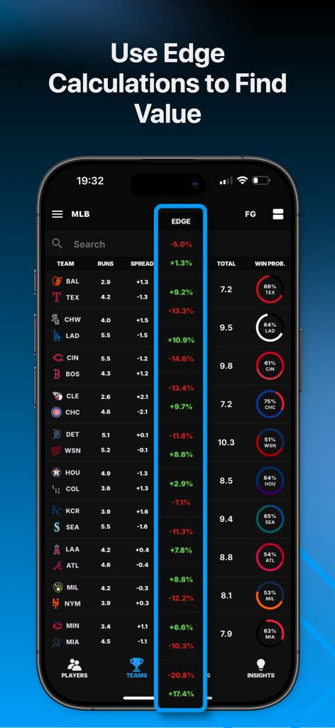 Toad Sports - Betting Research - 우위 계산 및 승리 확률에 대한 강조 표시된 열과 함께 MLB 팀 베팅 리서치를 보여주는 모바일 앱 화면입니다.