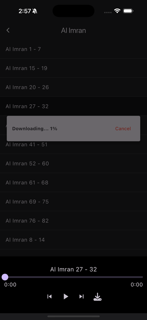 Tafsiirka Quraanka - Downloading audio content for offline listening in the Tafsiirka Quraanka app