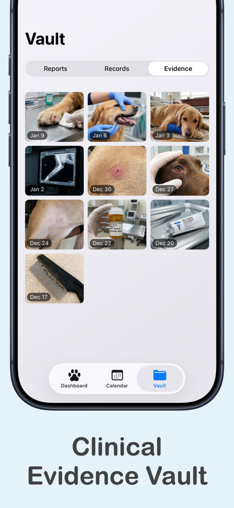 PetLog: AI Health Tracker - The Clinical Evidence Vault screen in the PetLog app displaying a grid of pet medical photos and health records.