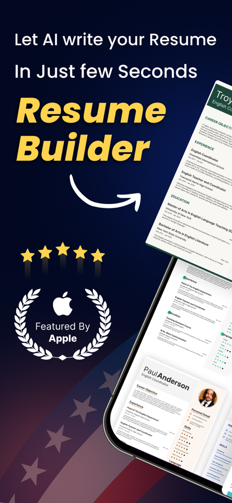 Resume Builder:AI CV Maker App - Interfaz de la app Resume Builder AI que muestra plantillas profesionales y la insignia 'Destacado por Apple'