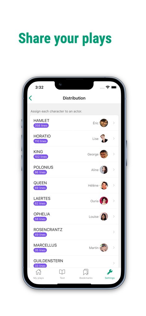 Imparato - Theatre - Imparato app screen showing a list of play characters like Hamlet and Horatio assigned to specific actors for a theatre production