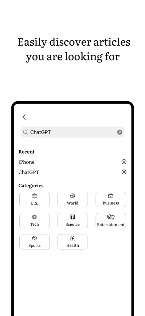 Boring Report: Unbiased News - Boring Report app search screen showing news categories like Tech World and Business