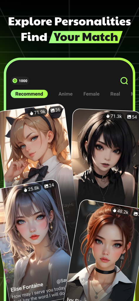 SayHi: Chat Now - SayHi app interface showing a gallery of anime character cards for AI chat.