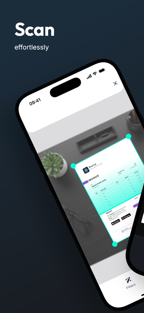 Docsy - Scan & Sign Documents - A smartphone using the Docsy app to scan a paper invoice with automatic edge detection markers