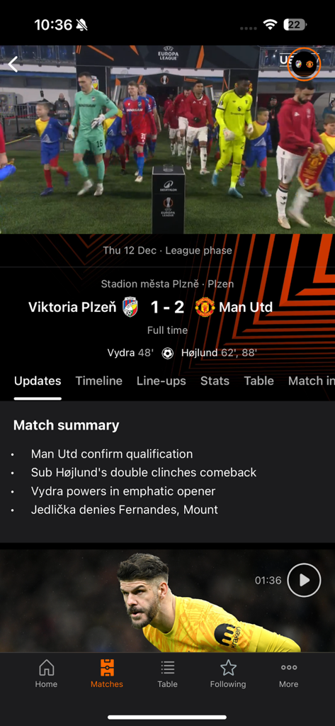 Résumé du match et score de Viktoria Plzen contre Manchester United dans l'application officielle de l'UEFA Europa League