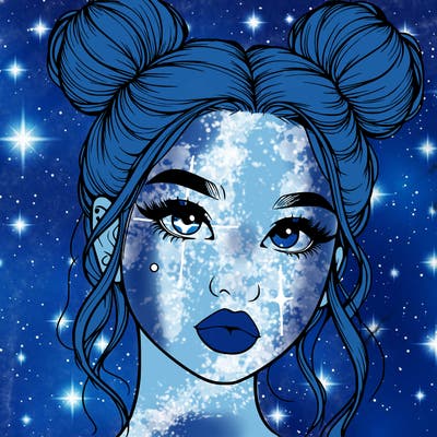 realistic girl with two buns on her hair and lips