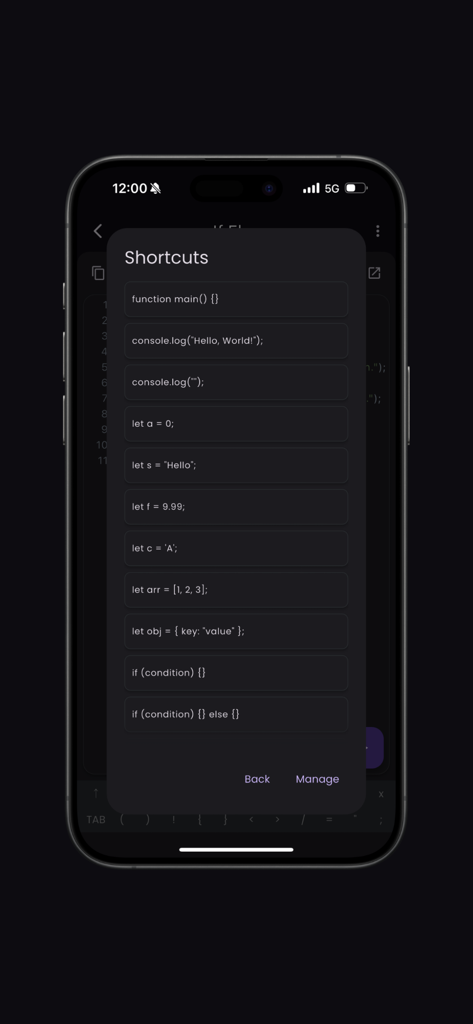 Interface de l'application mobile montrant un menu de raccourcis avec des extraits de code JavaScript courants comme les fonctions et les logs de console