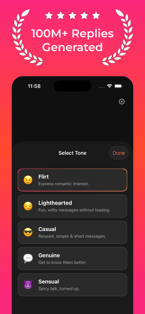 Pantalla de selección de tono de mensaje de la aplicación Loverzz plus que muestra opciones como Coqueteo y Casual