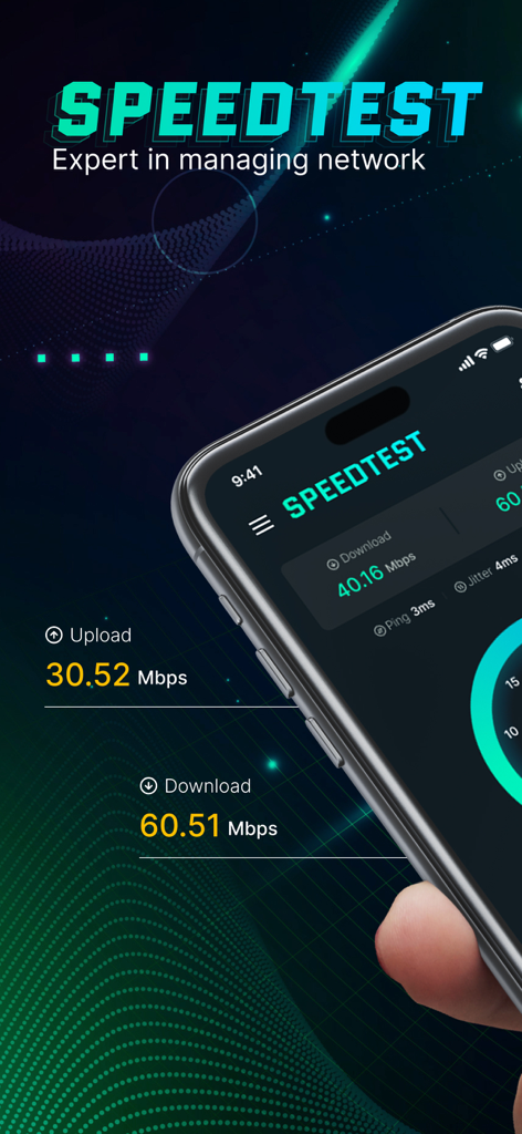 FastVPN 앱 인터페이스에 다운로드 및 업로드에 대한 인터넷 속도 테스트 결과가 표시됩니다