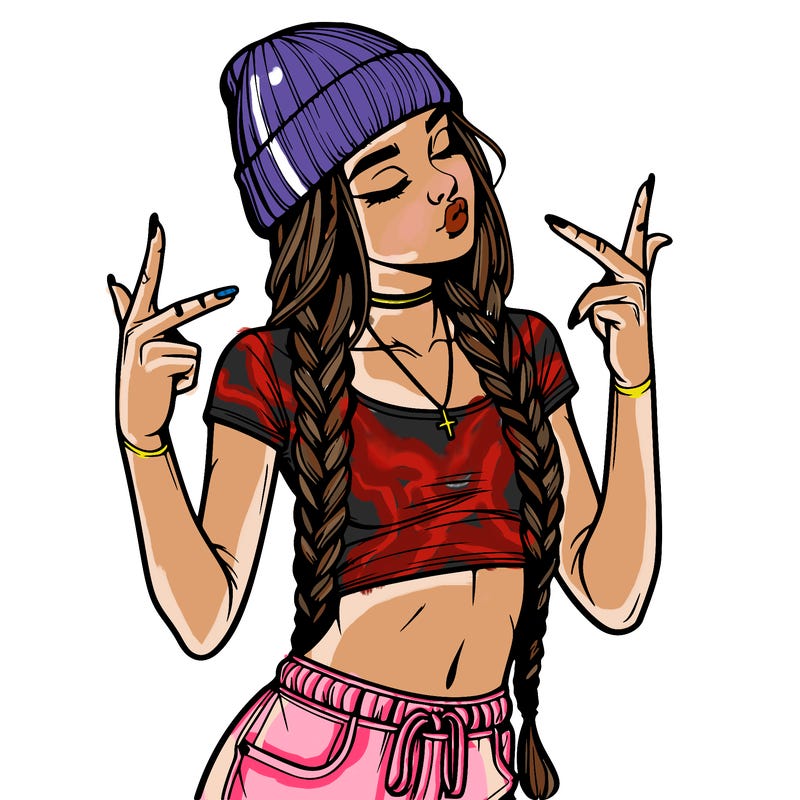 realistic teenage girl with braids and a beanie and crop top doing 🫶🏼