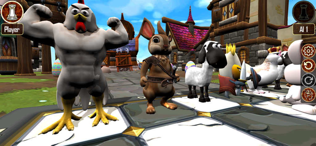 Warrior Chess - Warrior Chess gameplay showing 3D animal characters in an Easter Village setting.