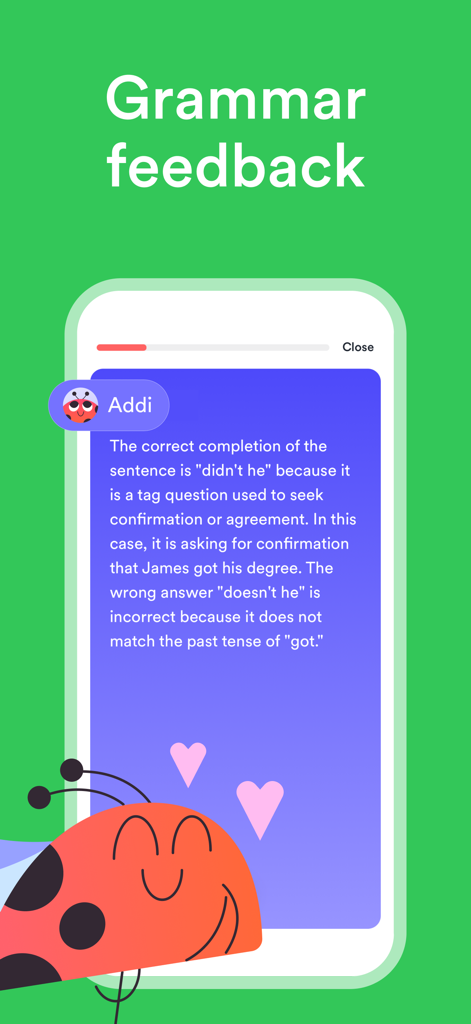 EF Hello app interface displaying detailed grammar feedback from the AI tutor Addi