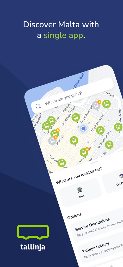 Tallinja app interface showing a map of Malta with bus stop markers and travel options