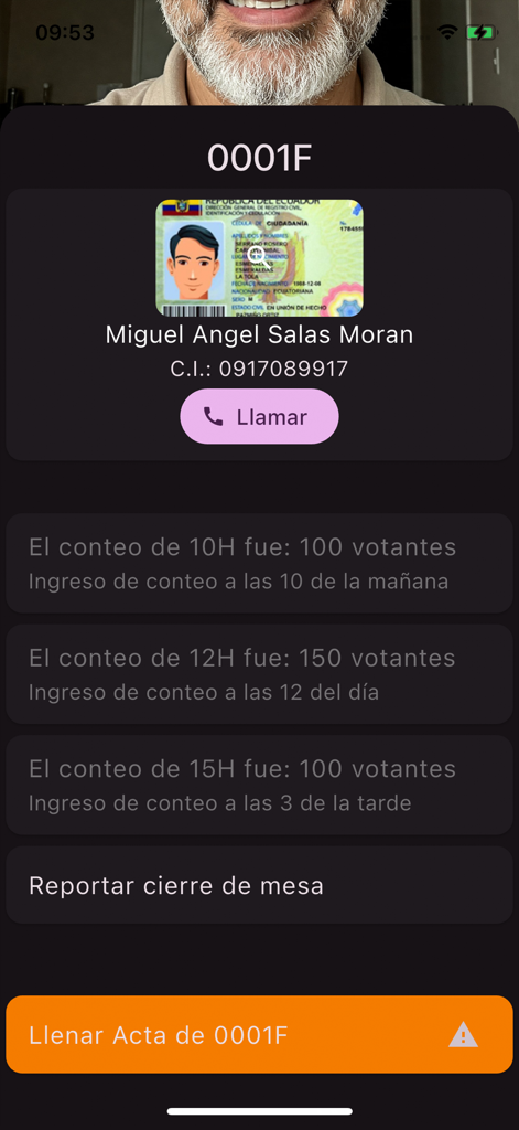 Profil du personnel électoral et journal du nombre d'électeurs dans l'application mobile eXACTO 2025