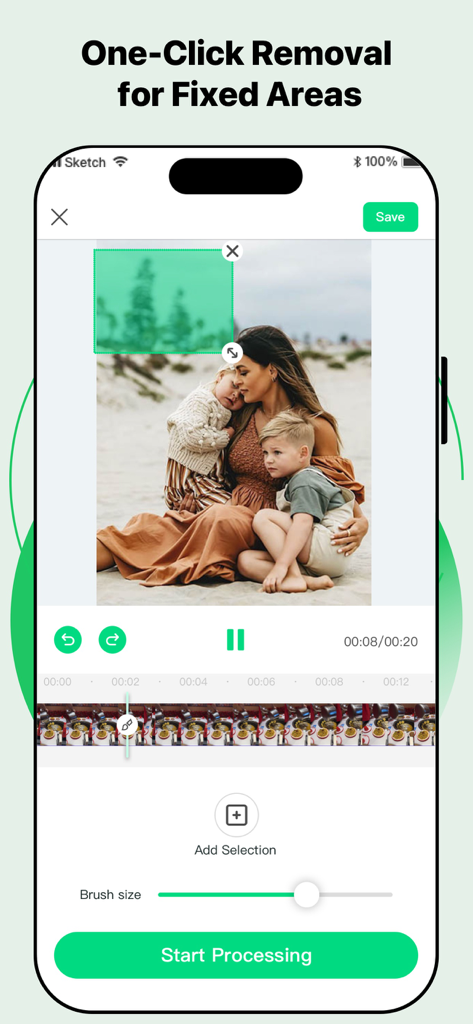 Ai Video Editor & Generator - Interfaz del Editor de Video con IA que muestra la eliminación de objetos con un solo clic en una foto familiar.