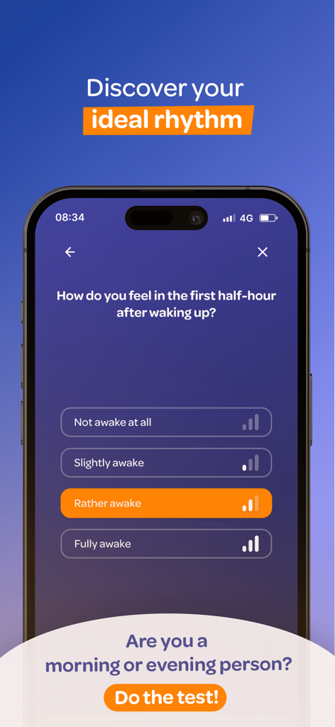 Personal Morning Routine WayUp - Smartphone screen of WayUp app showing a morning chronotype assessment question