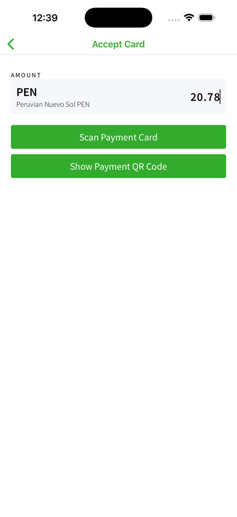 Tab (for Business) - Interfaz de la aplicación Tab for Business para aceptar pagos con opciones para escanear una tarjeta o mostrar un código QR.