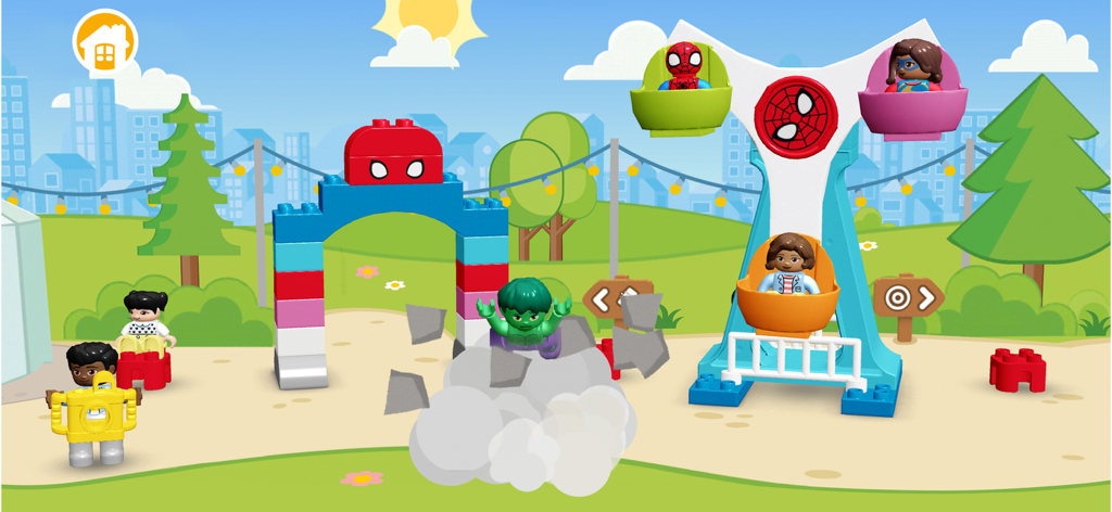 LEGO DUPLO Hulk jumping from rocks in a superhero park with a Spider-Man Ferris wheel.