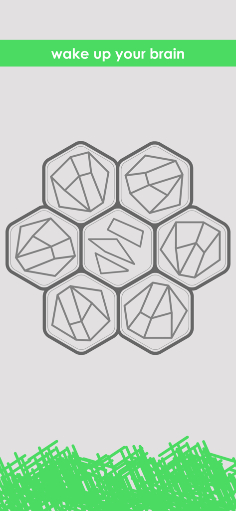 A minimalist puzzle game screen featuring a cluster of hexagons with complex geometric lines and a green banner that reads wake up your brain