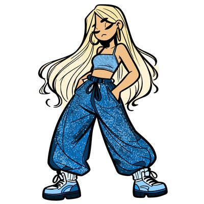 girl in baggy pants crop top and long hair
