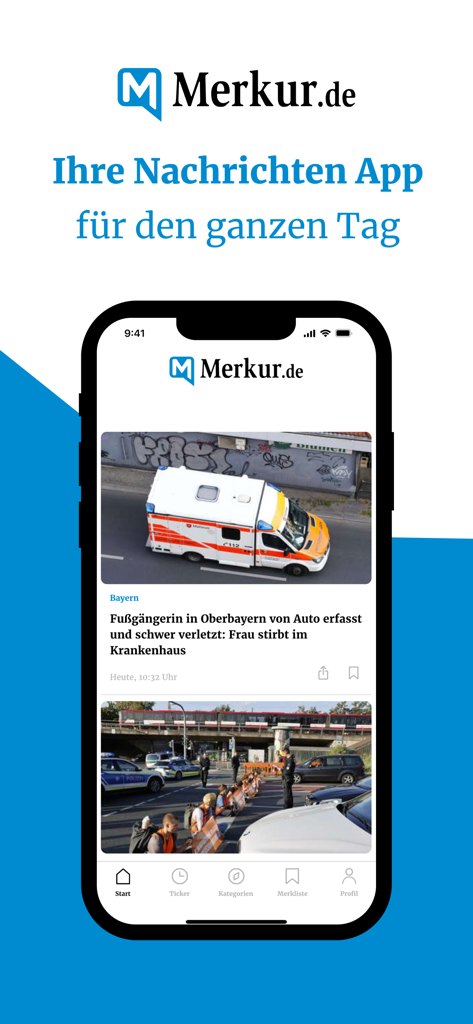 Merkur-Nachrichten-App auf einem Smartphone mit bayerischen Nachrichten-Schlagzeilen und Bildern.