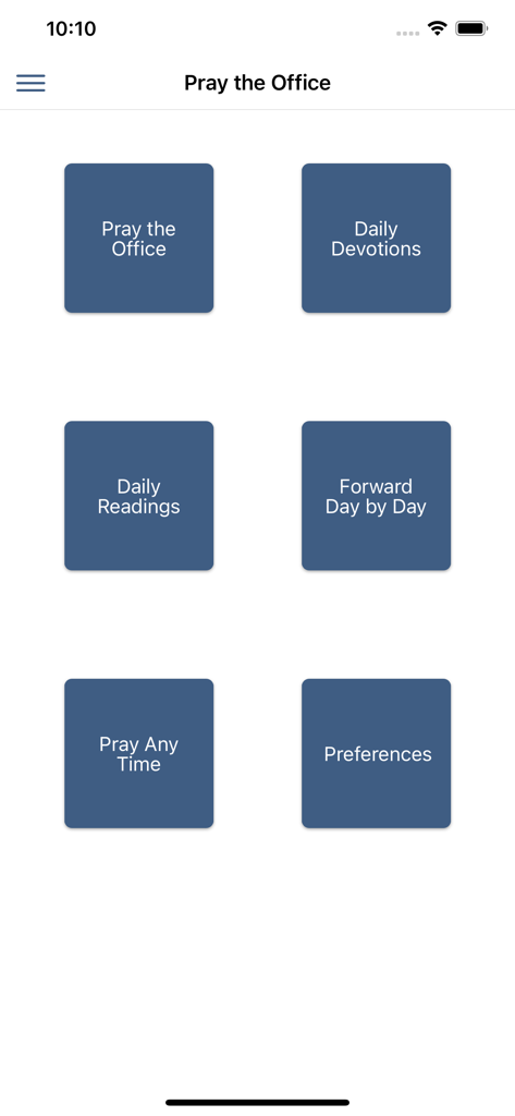 Main menu screen of the Forward Day by Day app showing navigation buttons for daily devotions and prayers
