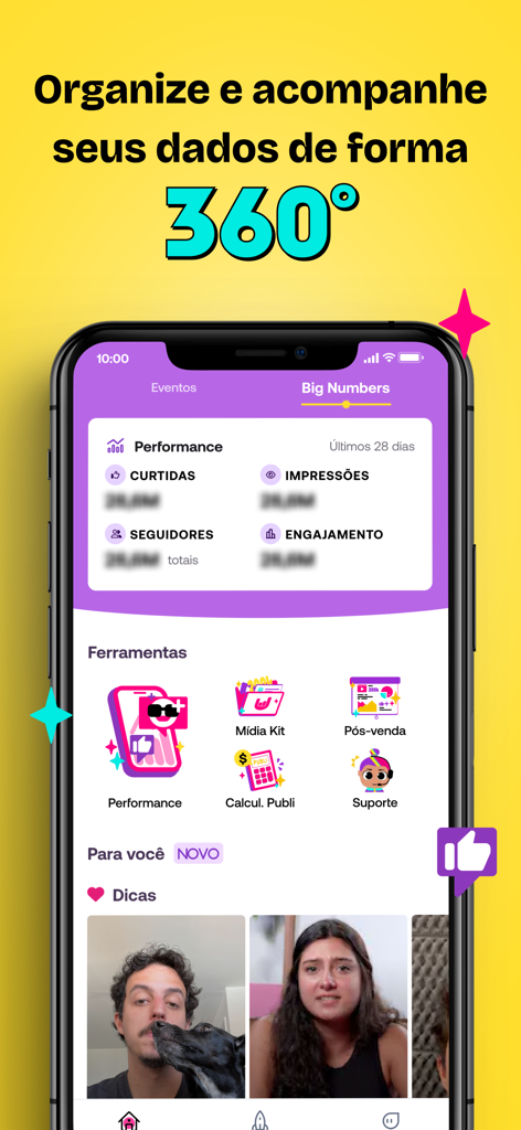 PlayNest - Panel de la aplicación móvil PlayNest mostrando métricas de rendimiento del creador como me gusta, seguidores y participación con herramientas de negocio para influencers.