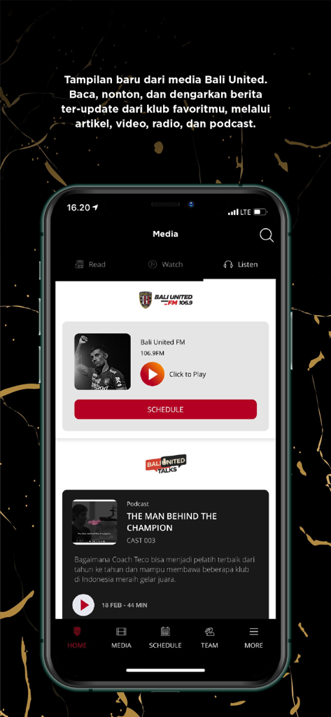 Bali United - Bali United app media screen featuring radio and podcast options for fans