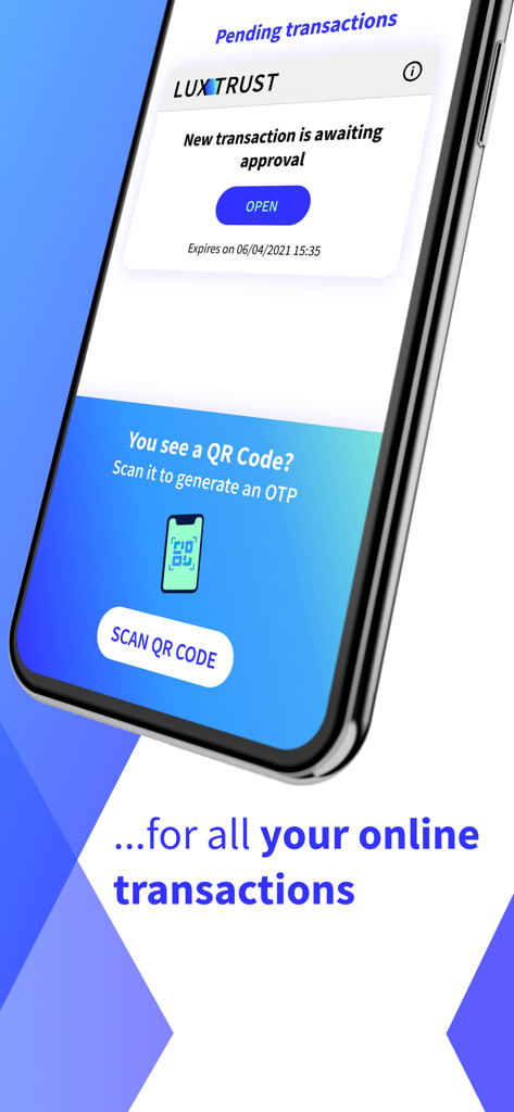 LuxTrust Mobile - LuxTrust Mobile app interface for transaction approval and QR code scanning
