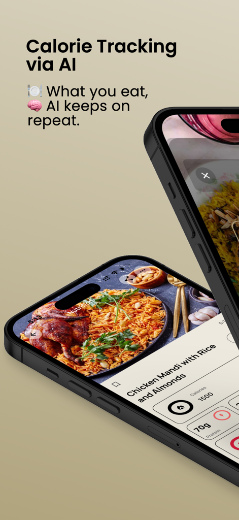 Interface de l'application ShredFrame montrant le scan de repas par IA et le suivi des calories pour un plat de poulet et de riz