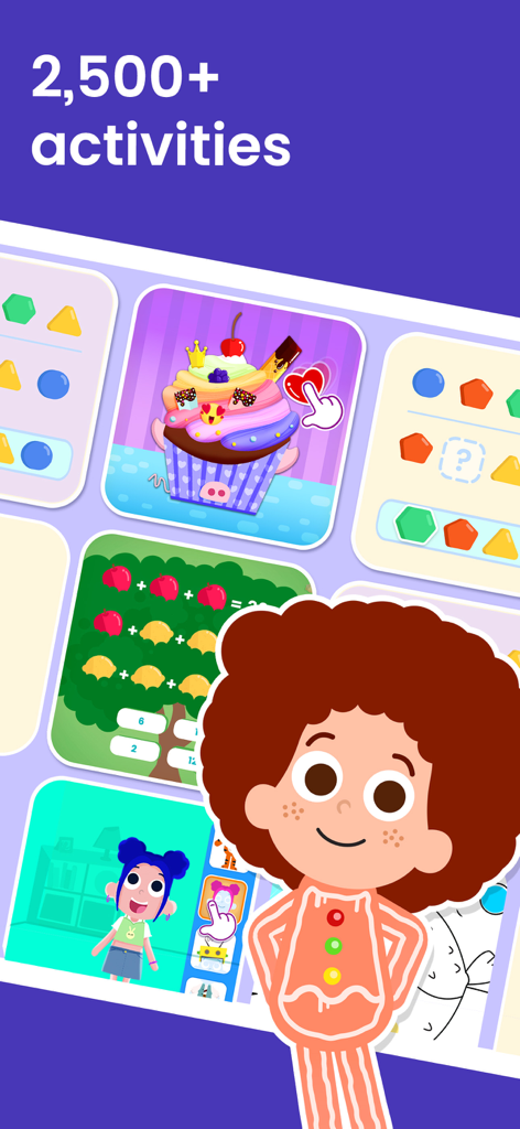 Interface do aplicativo Smart Tales com uma variedade de mais de 2.500 atividades educacionais para crianças, incluindo jogos de matemática e lógica.