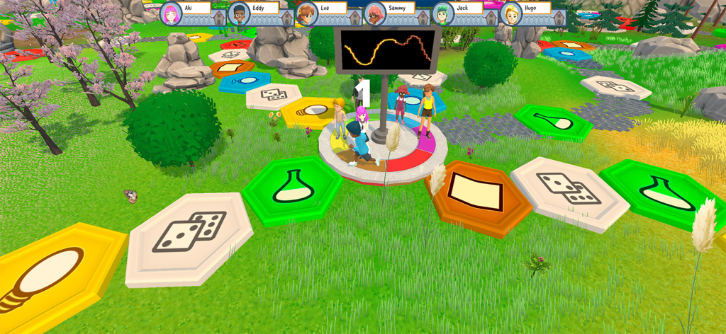 entreREDes - A 3D educational board game interface in entreREDes showing player avatars on a path of colorful subject-themed tiles