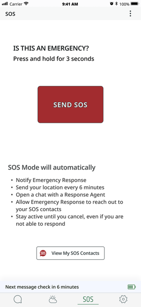 ZOLEO - The SOS emergency interface in the ZOLEO app featuring a large red send SOS button and a summary of emergency response features.