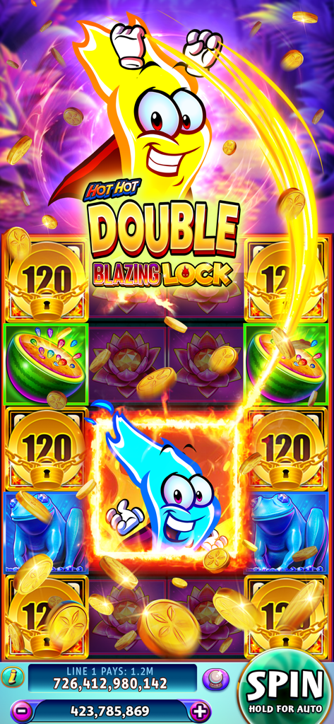 Gold Fish Casino Slots Games - Gold Fish Casino Slots gameplay showing the Hot Hot Double Blazing Lock machine with animated flames and coins