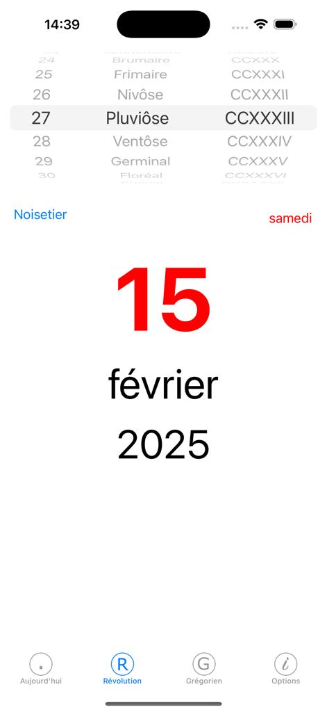 Interfaz de usuario de la aplicación Prairial que muestra una conversión de fecha del calendario revolucionario francés al calendario gregoriano