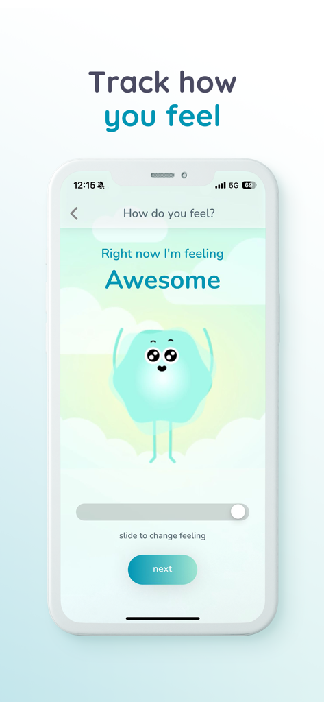 SATI APP - A mobile screen from the Sati App showing a mood tracker with a happy character and the text Track how you feel