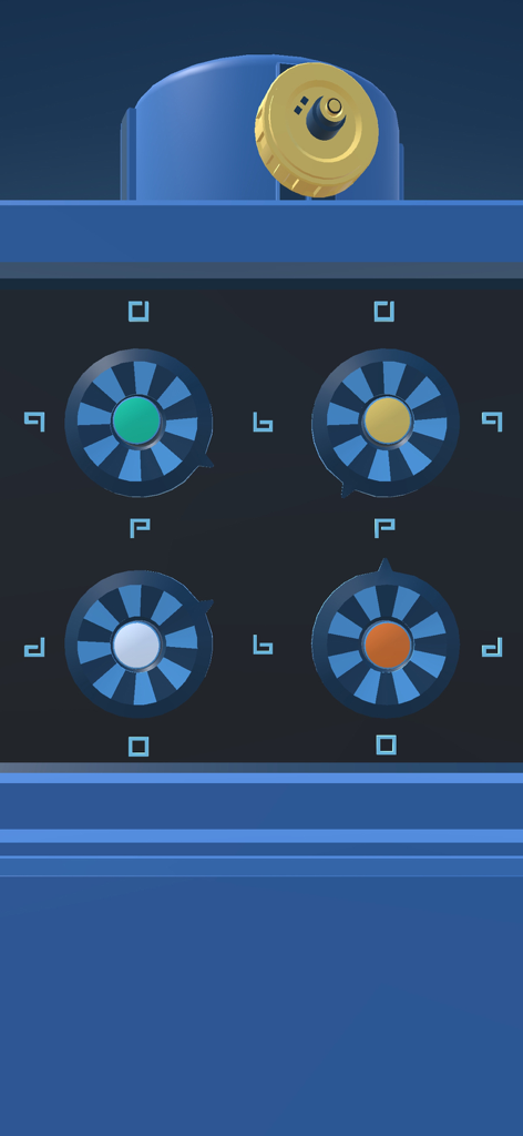 Mechanical puzzle console with four colored dials and symbols in Tiny Machinery Lost Reality