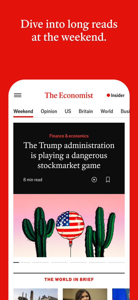 The Economist app interface displaying long-form weekend articles and political analysis.