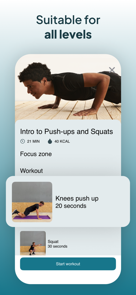 Calisthenics workout challenge - Pantalla de la aplicación de calistenia que muestra rutinas de entrenamiento para todos los niveles de condición física.