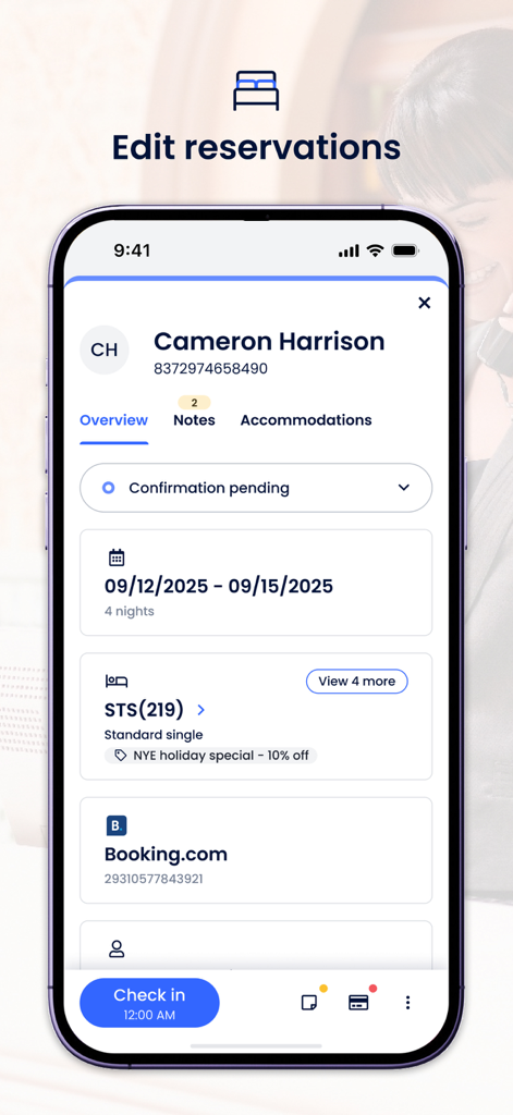 Cloudbeds - Cloudbeds mobile app screen showing reservation overview for a guest including dates and room type
