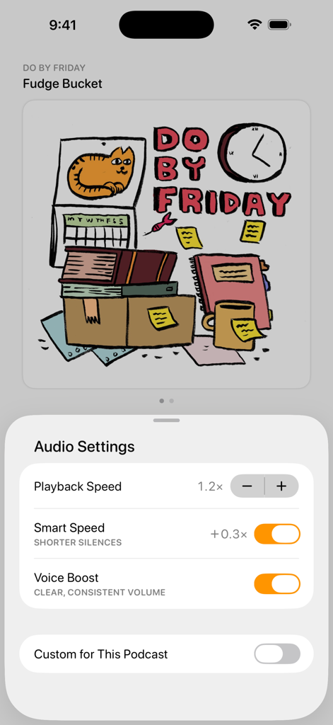 Overcast - Interfaccia delle impostazioni audio dell'app Overcast che mostra i controlli di smart speed e voice boost
