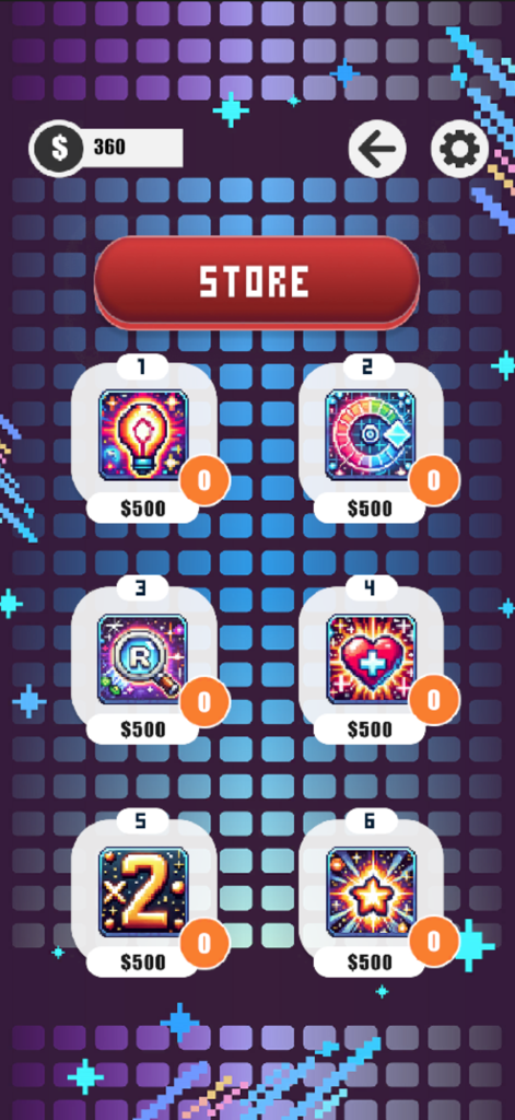 Word Blast: Word Puzzle Games - Pantalla de la tienda del juego de Word Blast que muestra varios objetos de potenciación, incluyendo pistas y vidas para comprar