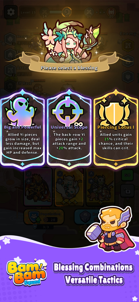 Strategic blessing selection screen in Bam Bam Squad featuring three power up options