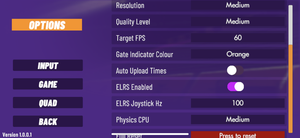 VelociDrone app settings interface showing resolution, target FPS, and ELRS configuration options
