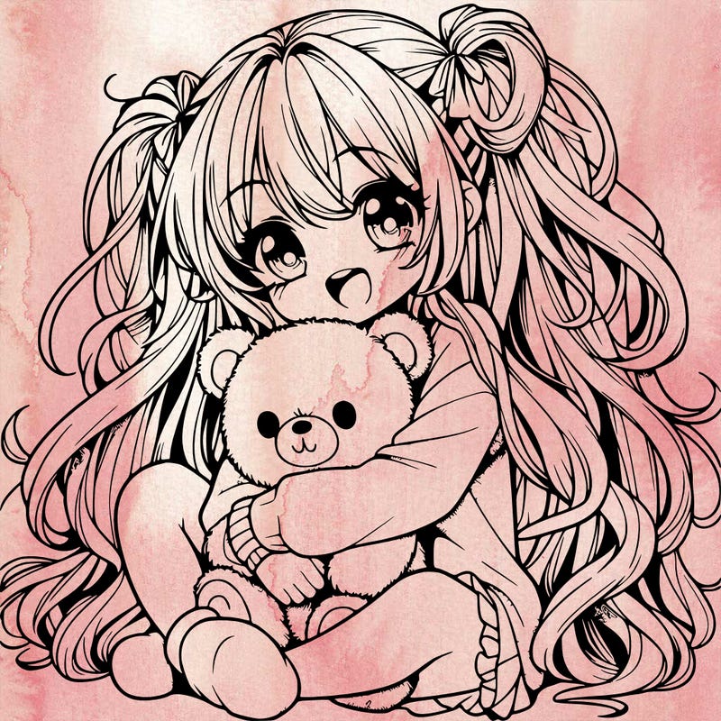 manga girl, long curly hair, happy, cuddling a teddy bear