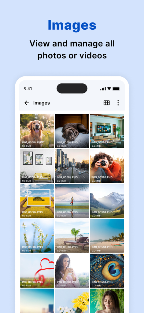 Application ES File Explorer montrant une grille organisée d'images et de photos sur un iPhone