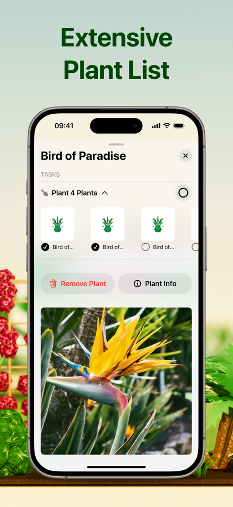 Flourish Garden - Flourish Garden app showing the bird of paradise plant details and an extensive plant list for garden planning